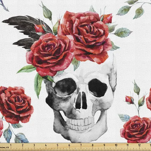 Vista 95 de Ambesonne The Yard, tela de calavera colorida con temática de Halloween, diseño de calavera y huesos cruzados, divertido estampado de dibujos