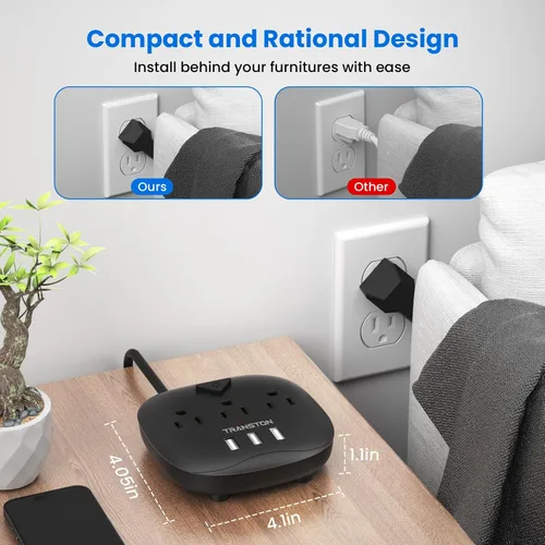Vista 9 de Regleta de alimentación de 3 tomas y 3 puertos USB con control de interruptor, estación de carga de escritorio con cable de extensión de 5 pies