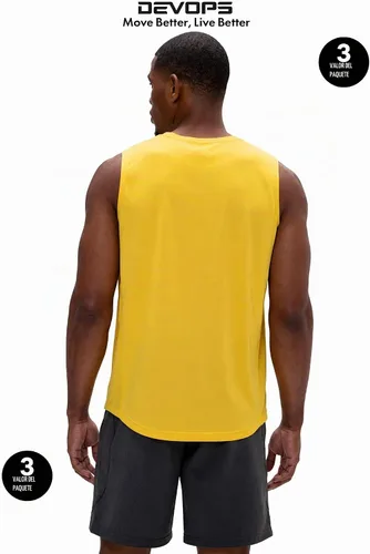 Vista 3 de DEVOPS Paquete de 3 camisetas sin mangas para hombre, ajuste seco Carbón/Rojo/Amarillo