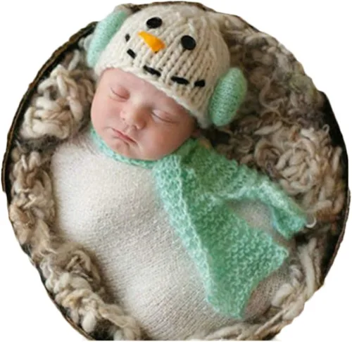 Vista 4 de Disfraz de ganchillo unisex con diseño de muñeco de nieve y muñeco de nieve, Verde claro, 0-3 months
