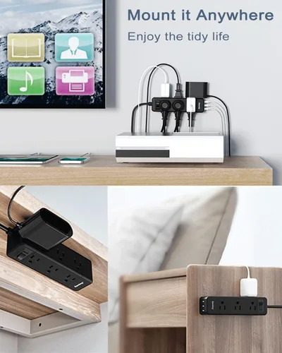 Vista 5 de Regleta protectora contra sobretensiones, 9 tomas de corriente ampliamente espaciadas con 3 puertos USB, extensor de 3 salidas laterales con cable