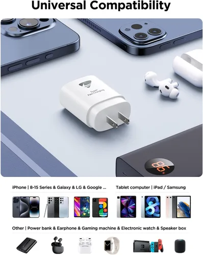 Vista 5 de Cargador para iPhone 15 Pro, cargador USB tipo C de 25 W, bloque de carga rápida con cable de carga USB C de 6 pies para Apple iPhone 15/15 Plus/15