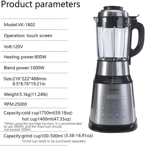 Vista 4 de Joydeem Batidora de encimera VK-1802, licuadora de cocina para sopa de leche de soja, gachas de avena y batido, exprimidor con bomba de vacío