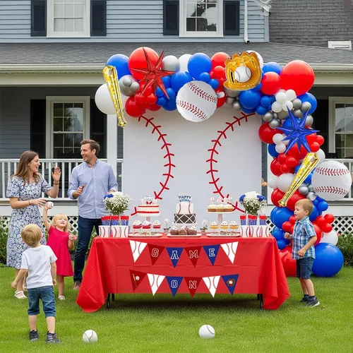 Vista 2 de Kit de arco de guirnalda de globos de béisbol de 150 piezas, globos de papel de aluminio rojos, azules, blancos, plateados y con estrella de bate