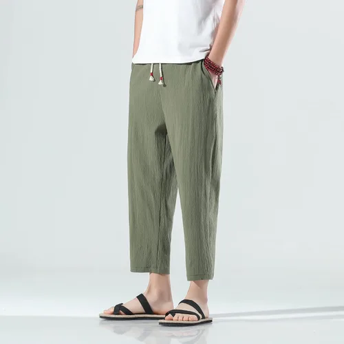 Vista 4 de PRIJOUHE Pantalones harén para hombre, casuales, ligeros, holgados, pantalones capri de lino con cintura elástica