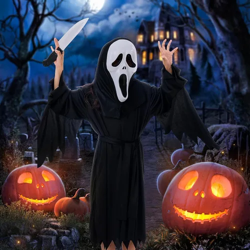 Vista 6 de Leajap Disfraz de fantasma de Halloween con máscara de grito fiesta de fantasma aterrador cosplay para adultos y niños