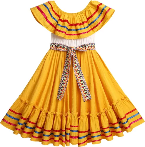 Vista 7 de IBTOM CASTLE Vestido mexicano para niñas, vestido folklórico tradicional con cinturón Rojo