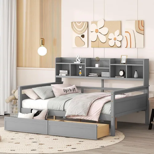 Vista 10 de Sofá cama doble con cama nido y 2 brazos de almacenamiento multifuncionales, marco de sofá cama de tela de lino con carga USB para habitación