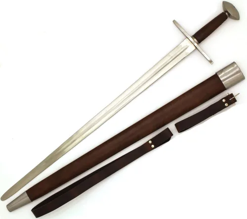 Vista 2 de Medieval Warrior Espada real larga Norman de acero templado del siglo XIII con vaina de cuero