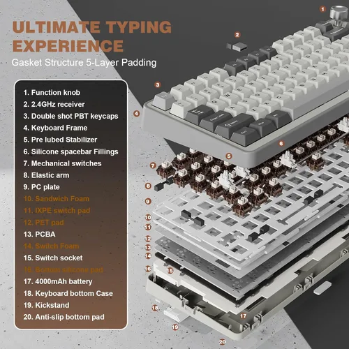 Vista 4 de YUNZII Teclado mecánico inalámbrico B75 PRO, diseño del 75% con perilla, estructura personalizada de junta de intercambio rápido, interruptores