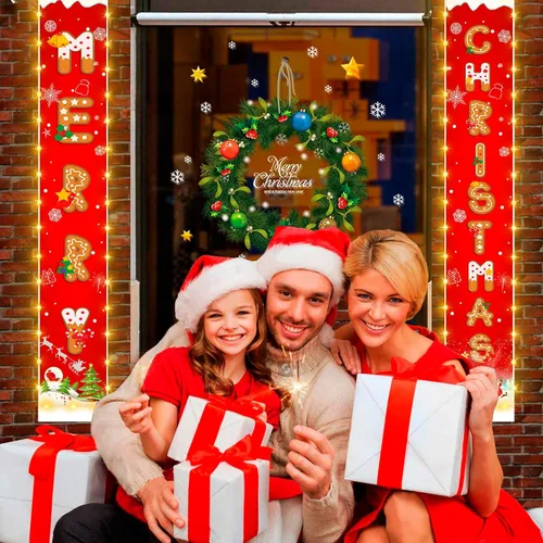 Vista 8 de Cartel de decoración de Navidad colgante al aire libre - Cartel rojo colgante con patrón de galletas y tira de luces para decoración de fiesta