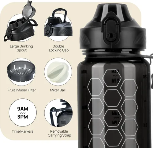 Vista 3 de INEVIFIT Botella de agua deportiva 3 en 1 de 34 onzas, 1 litro, con marcador de tiempo diario, sin BPA, Tritan a prueba de fugas, con filtro infusor