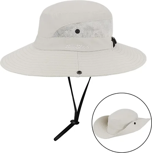 Vista 13 de Sombrero de pesca de playa de ala ancha para mujer, con protección UV, plegable, con agujero para cola de caballo