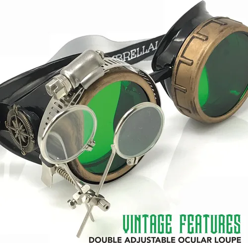 Vista 32 de Lentes estilo victoriano Steampunk con diseño de brújula, lentes de colores y lupa ocular