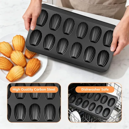 Vista 5 de Madeleines 12 Cavity Madeleine Baking Mould Carbon Steel with Non-Stick Coating for Oven Baking Chocolate Brownies Biscuits, Black