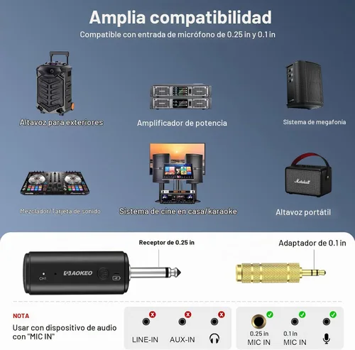Vista 6 de Aokeo Micrófono inalámbrico con receptor recargable, micrófono de karaoke de mano dinámico UHF, rango de 100 pies, para altavoz amplificador