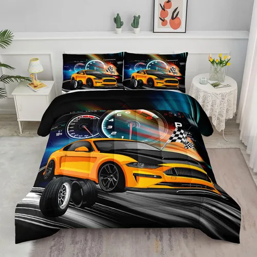 Vista 11 de Juego de edredón para niños Axolotl, tamaño individual, juego de ropa de cama con diseño de autos de carreras para niños, niñas, adolescentes