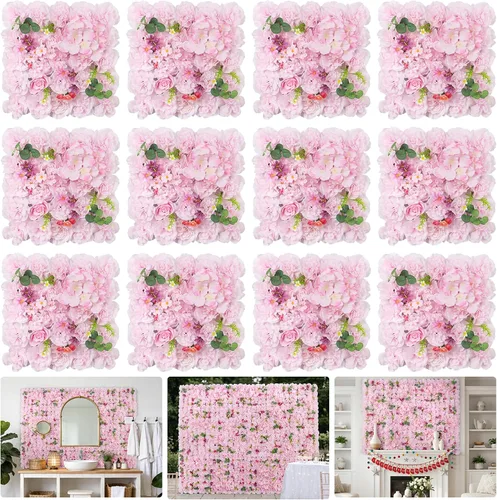 Vista 9 de Telón de fondo de pared de flores, 12 piezas de 16.5 x 16.5 pulgadas, panel de pared floral de rosa de seda artificial, decoración de pared ideal