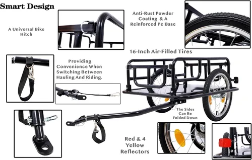 Vista 9 de Remolque de carga plegable para bicicleta con enganche universal, capacidad de 110 libras, remolque de bicicleta con ruedas y reflectores de 16