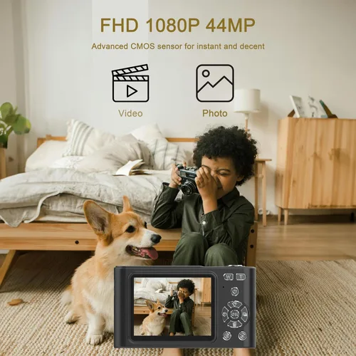Vista 2 de Cámara digital de bolsillo con zoom de 16X, memoria de 64 GB, FHD 1080P, antivibración, cámara compacta pequeña, regalo para niños y niñas (negro)