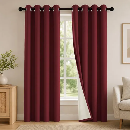 Vista 28 de 2 paneles de cortinas 100% opacas, de peso medio, con aislamiento térmico y ojales para dormitorio, sala de estar, tratamiento de ventana