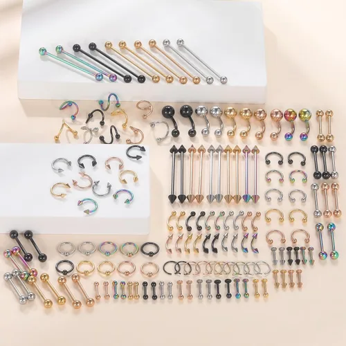 Vista 4 de Xpircn Kit de 150 piercings de acero inoxidable para labios, nariz, lengua, tragus, cartílago, daith, cejas, ombligo, ombligo, piercing Color mixto