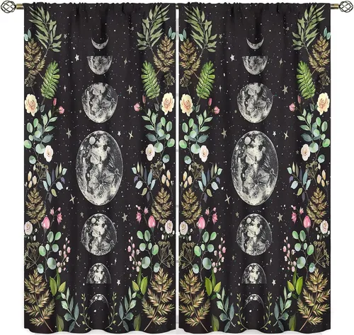 Vista 12 de Cortinas florales de luna, flores negras, fase de flores silvestres, luz de luna, jardín, estética, bohemio, primavera, vides, naturaleza, juego