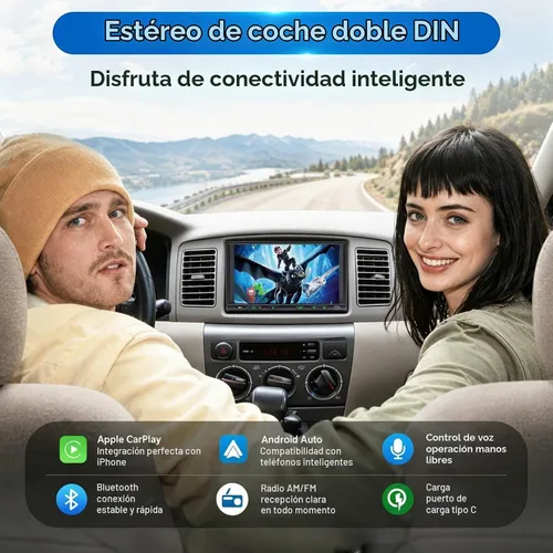 Vista 2 de Estéreo de coche doble DIN inalámbrico Apple CarPlay Android Auto, radio doble DIN de 7 pulgadas con Bluetooth, enlace de espejo, cámara de visión