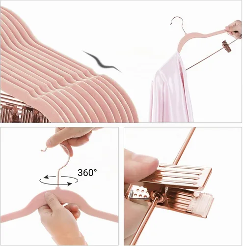 Vista 3 de SONGMICS Paquete de 24 Perchas para Pantalones, Perchas para Abrigos de 16.7 Pulgadas con Clips Móviles de Color Oro Rosa, Resistentes Rosa claro
