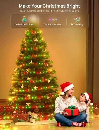 Vista 2 de Luces de hadas inteligentes para árbol de Navidad de 65.6 pies, 200 LED, RGB+IC que cambian de color, luces de cadena navideñas, control por