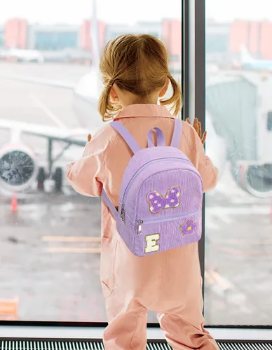 Vista 2 de Mini mochila de pana para niñas de 2, 3, 4, 5, 6 años, regalo de felpilla con inicial y lazo para ratón, mochilas de pana para niños pequeños