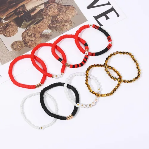 Vista 3 de Paquete de 9 pulseras apilables para el día del juego para mujer, pulseras elásticas con cuentas Heishi para fanáticos del fútbol y deportes