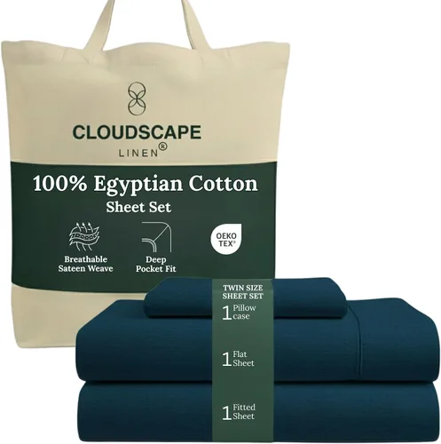 Vista 29 de Cloud Scape Linen - Juego de sábanas de algodón egipcio de doble capa, tamaño individual, tejido de satén de fibra larga, juego de 3 piezas, ropa