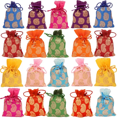 Vista 20 de Touchstone Preciosas bolsas de regalo reutilizables, respetuosas con el medio ambiente, brocado de cachemira con cordón grande para cumpleaños