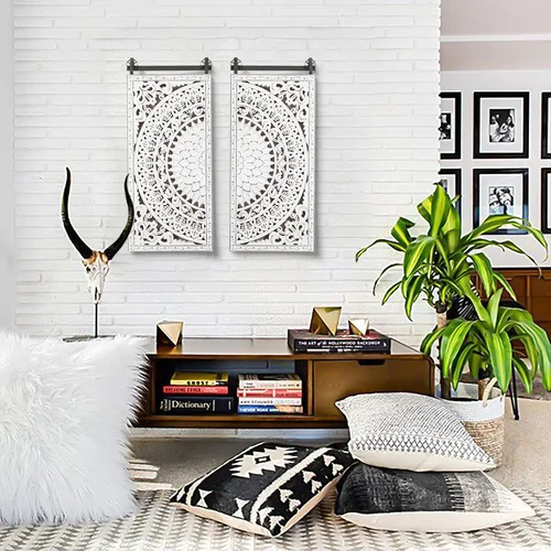 Vista 8 de LuxenHome - Arte de pared de madera tallada, esculturas de pared de madera de 33 pulgadas, paneles 3D con patrón floral, decoración de pared