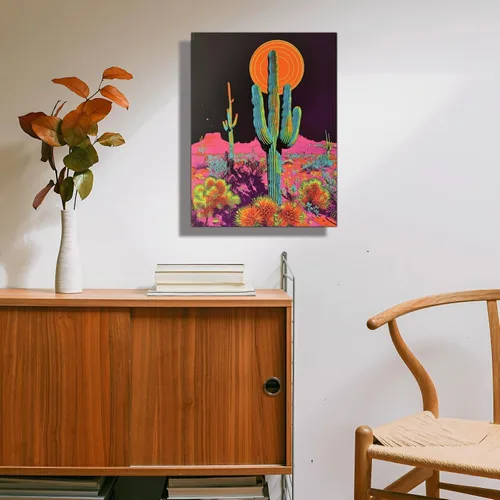 Vista 2 de Arte enmarcado para decoración de cactus, arte de pared de atardecer en el desierto, impresiones botánicas, carteles trippy, ilustraciones