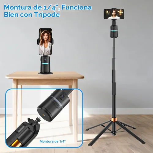 Vista 5 de Trípode para selfie stick de seguimiento facial automático para iPhone, trípode giratorio automático de 360°, control de gestos, no requiere