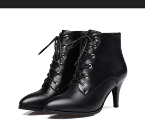 Vista 3 de Botines de tacón de aguja para mujer, con puntera puntiaguda, con cordones, con cremallera, botas cortas