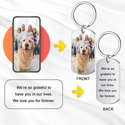 Vista 3 de Llavero personalizado con imagen grabado personalizado fototextoetiqueta de perro llaveros para regalos de familia, hombres, novio