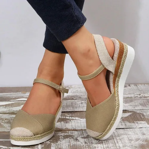 Vista 6 de Sandalias de plataforma ortopédicas con cuña para mujer, verano 2023, elegantes, planas, de punta abierta, con correa al tobillo, estilo alpargata