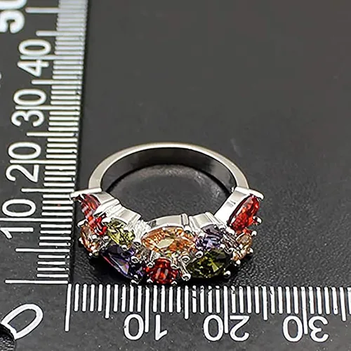Vista 3 de QIXINWANG Anillo de piedras preciosas múltiples, morganita, granate, amatista, peridoto y promesa, anillo de fiesta de boda para niñas y mujeres