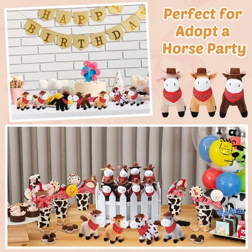 Vista 6 de 42 piezas Adopta un caballo de fiesta para niños, 12 mini caballos de peluche con pequeños sombreros de vaquero y 12 bandanas, manualidades para mi