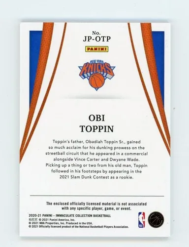 Vista 2 de PANINI IMMACULATE JUMBO PARCHE JERSEY NUMERO #JP-OTP OBI TOPPIN RC /50 NUEVA YORK KNICKS 2020-21
