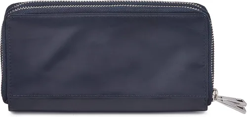 Vista 2 de Zinda Genuine Leathers Cartera de mujer con protección RFID larga con doble cremallera alrededor, Azul marinobeige, Cartera para mujer