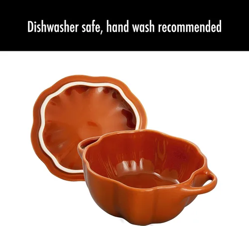Vista 9 de STAUB Pequeña cerámica de 0.5 cuartos de galón, apta para horno y estufa hasta 572 °F, plato de calabaza, hornear, plato de caramelo, naranja quemado