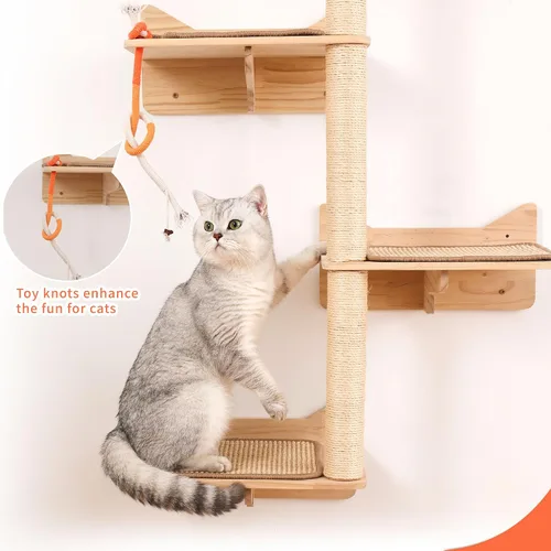 Vista 6 de Árbol para gatos montado en la pared, 7 estantes y perchas de pared para gatos con postes rascadores altos de sisal, árbol de escalada para gatos