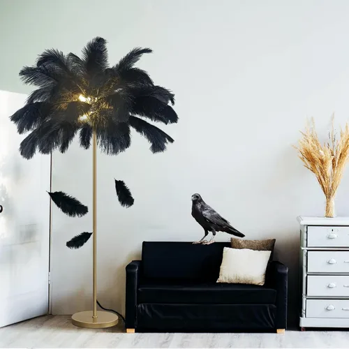 Vista 7 de Lámpara de pie de avestruz natural moderna para sala de estar, lámpara de pie LED con interruptor de pie, acabado dorado, elegante pantalla