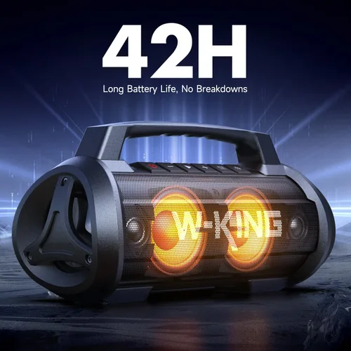 Vista 6 de W-KING Altavoz Bluetooth portátil con micrófono inalámbrico, 120 W pico 70 W RMS altavoces Bluetooth impermeables para exteriores, graves 110 dB, 42