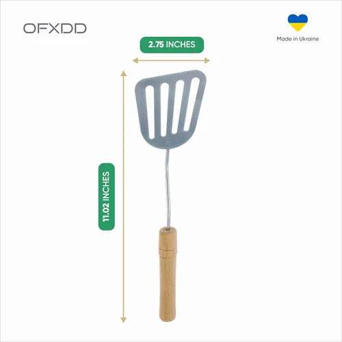 Vista 5 de Espátula ranurada de acero inoxidable - Turner de metal de cocina para cocinar con mango de madera
