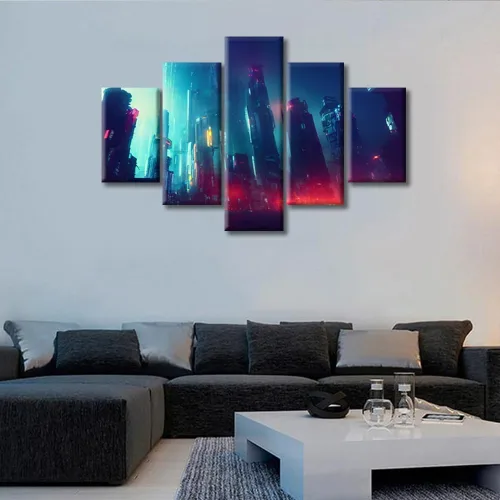 Vista 85 de Cuadros de 5 paneles de Cyberpunk City, arte de pared, representación de vallas publicitarias, edificios modernos en la capital con obras de arte